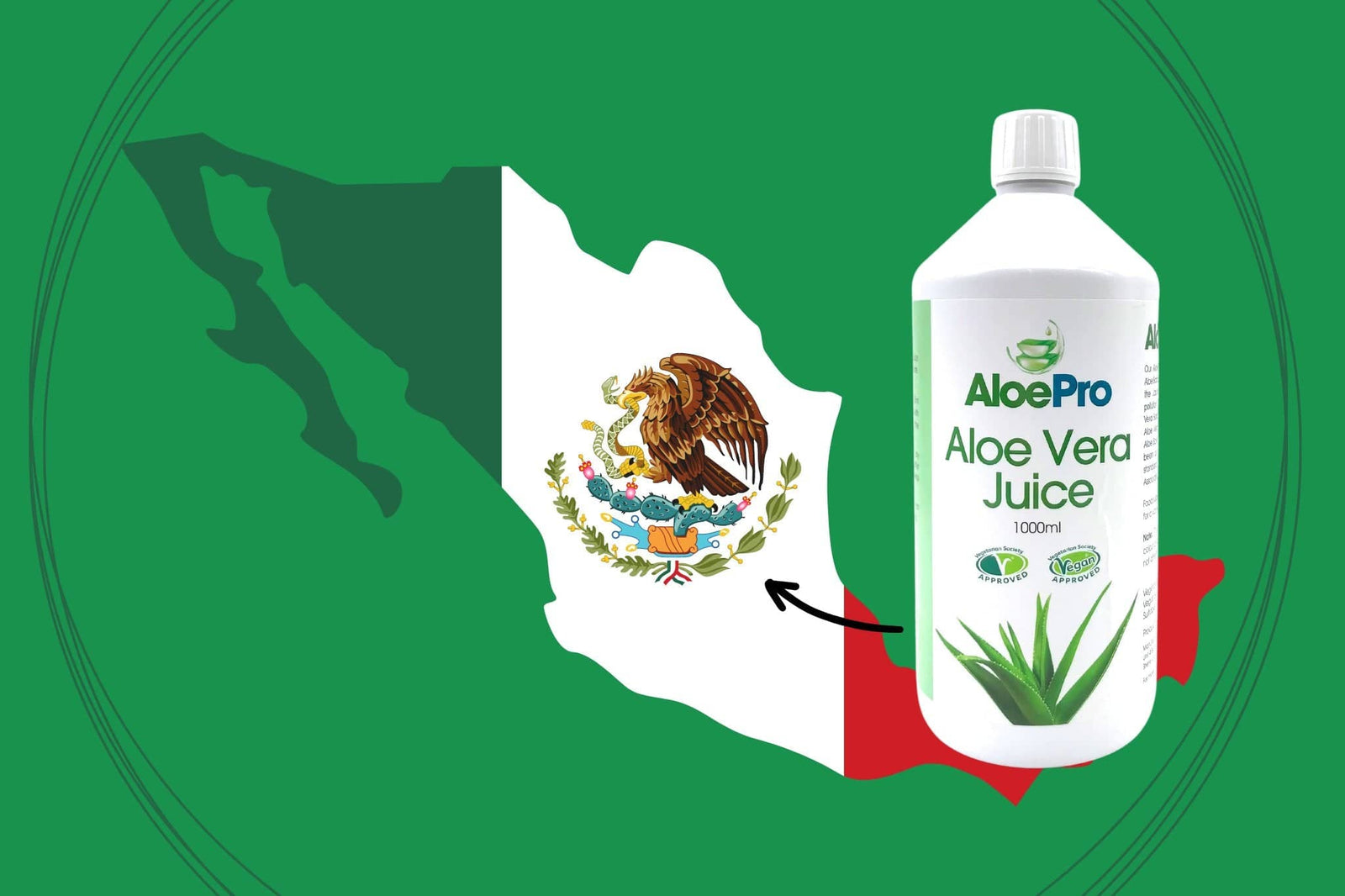 AloePro Aloe Vera juice bottle beside Mexican map highlighting Jaumave region promoting Jaumave Valley Aloe Vera benefits