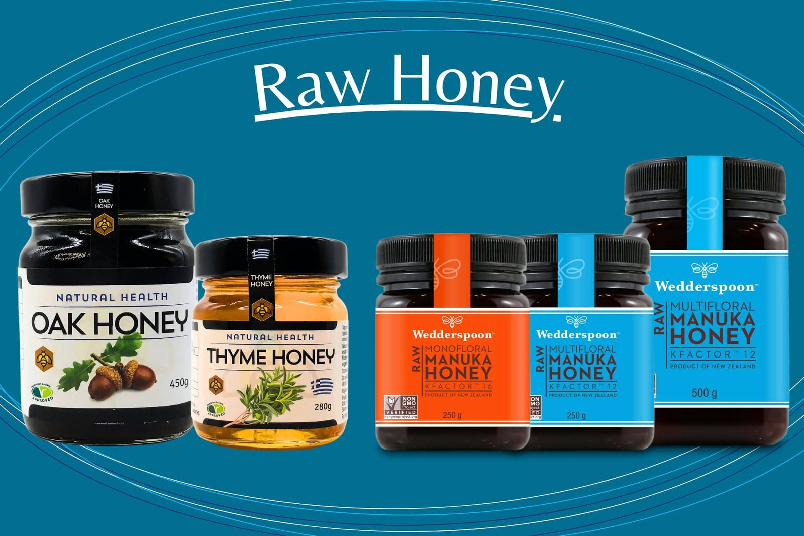 Selection of raw honey jars including oak thyme and manuka varieties on blue background raw honey health benefits