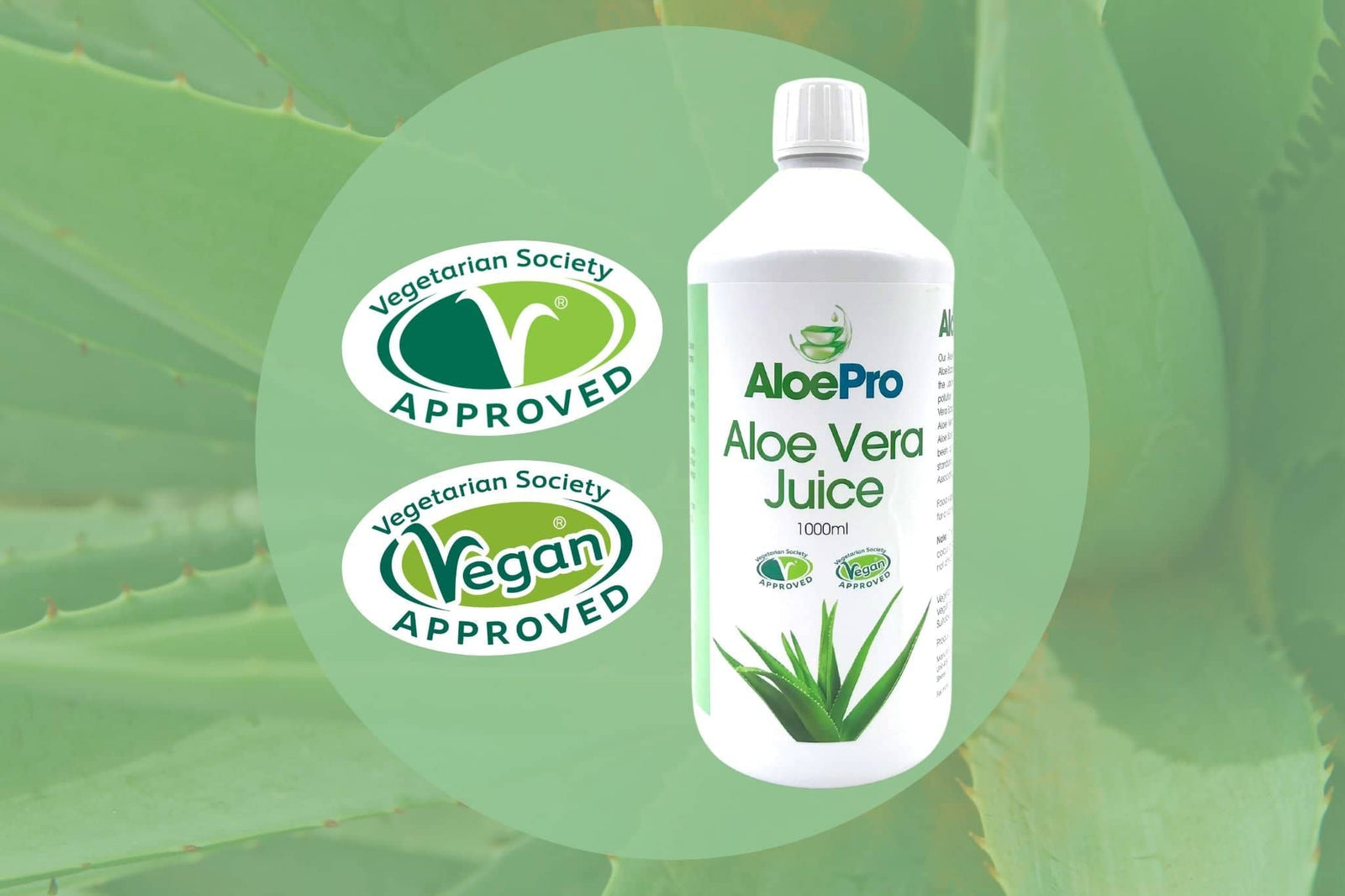 A bottle of AloePro Aloe Vera Juice with Vegetarian Society and Vegan logos indicating Vegetarian approved aloe vera juice