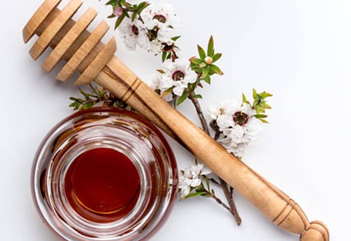 Manuka honey health benefits explained jar of dark honey with wooden honey dipper and manuka blossoms