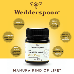 Wedderspoon Raw Mānuka Honey, 850 MGO, 250g, Unpasteurised