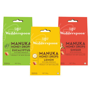 Wedderspoon Mānuka Honey Drops Bundle – Ginger, Lemon & Eucalyptus (3 × 20 Drops)