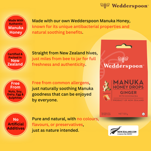 Wedderspoon Natural Manuka Honey Drops Ginger (20 Drops per box) - Triple Pack