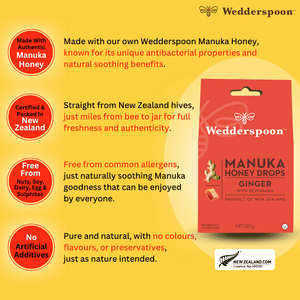 Wedderspoon Natural Manuka Honey Drops Ginger (20 Drops per box) - Triple Pack