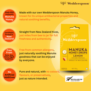 Wedderspoon Natural Manuka Honey Drops Lemon (20 Drops per box) - Triple Pack