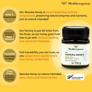 Wedderspoon Raw Mānuka Honey, 850 MGO, 250g, Unpasteurised