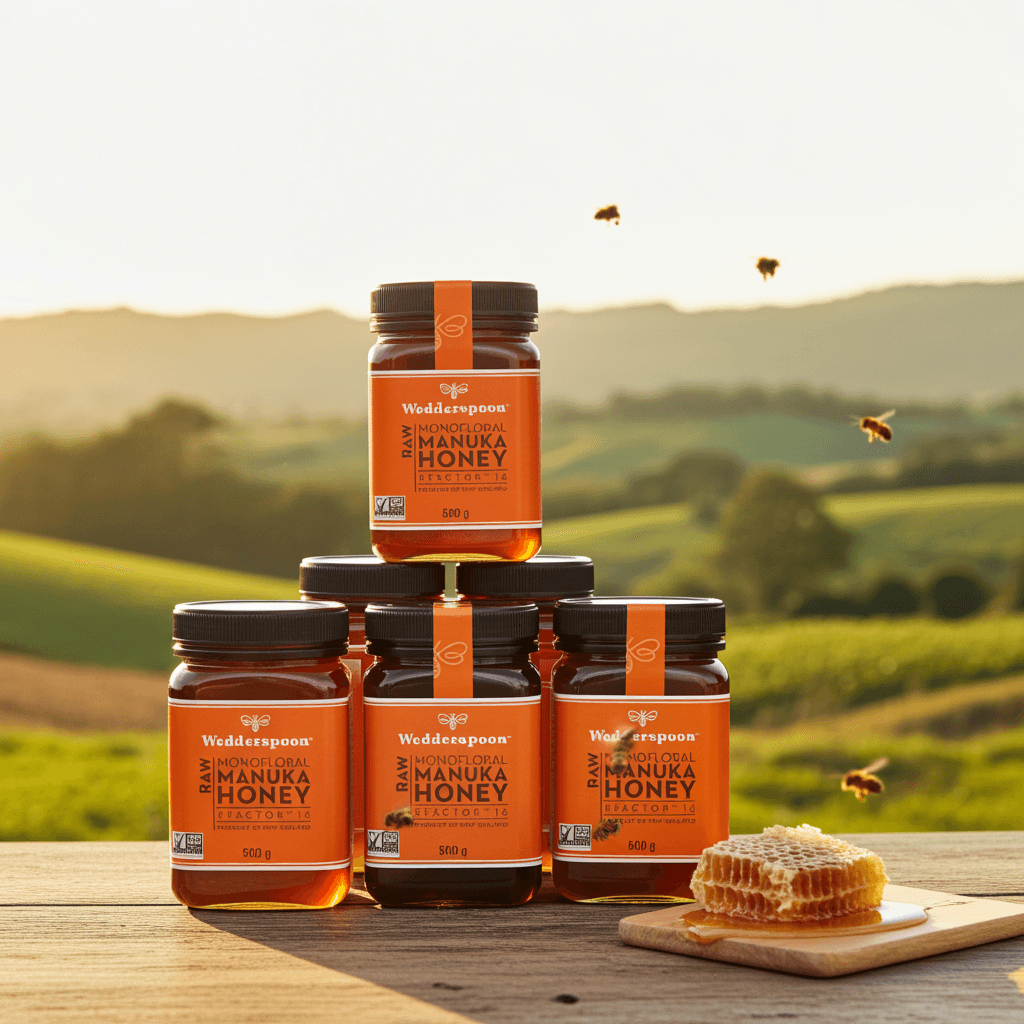 Wedderspoon Raw Manuka Honey KFactor 16 Six Pack jars showing orange labels and black lids