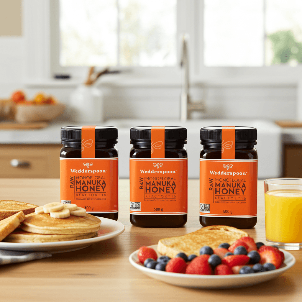 Wedderspoon Raw Manuka Honey KFactor 16 500g Triple Pack jars with orange labels and black lids