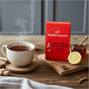 Wedderspoon Manuka Honey Drops Ginger packaging on a wooden table with a cup of tea and honey jar.