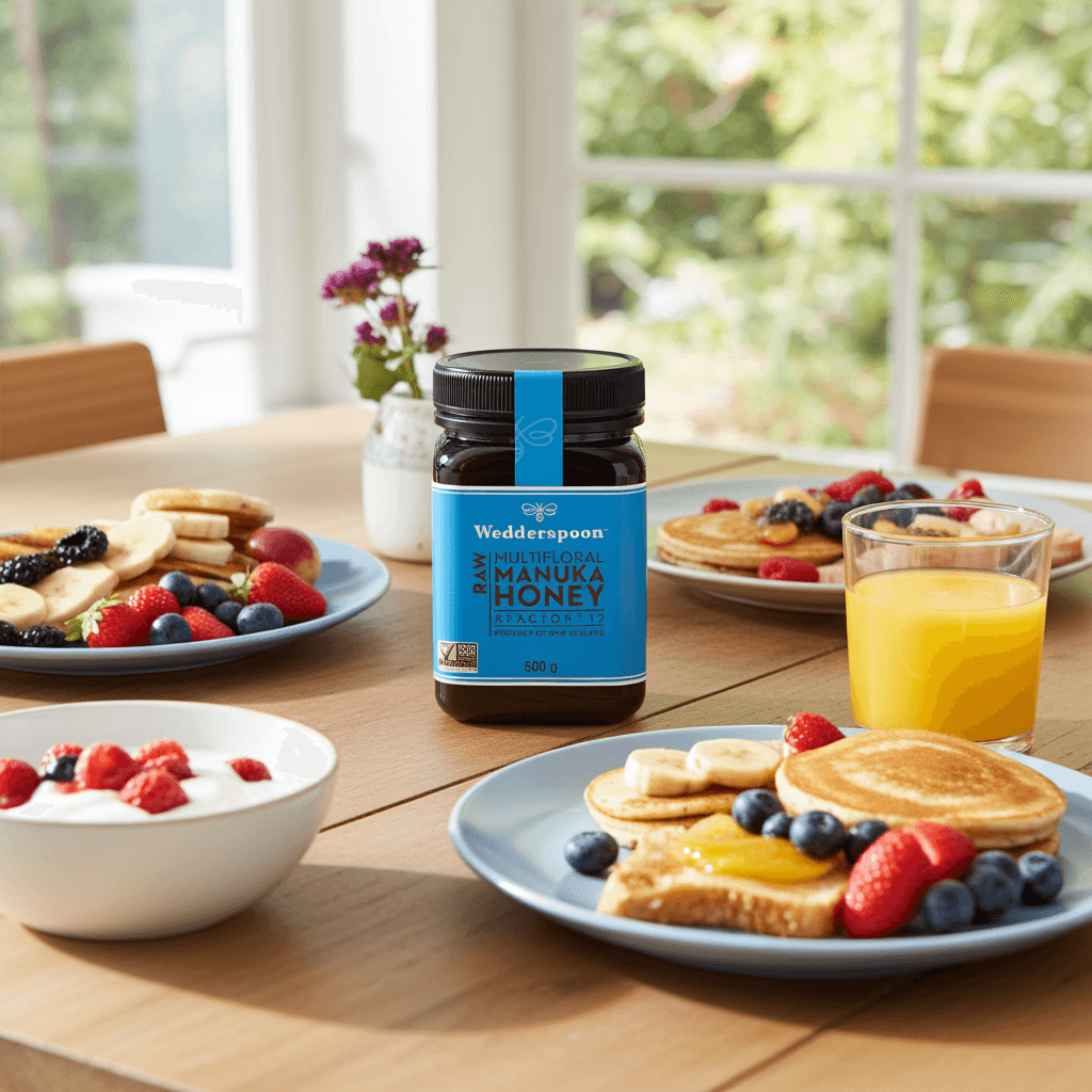 Wedderspoon Raw Manuka honey KFactor 12 500g jar with blue label and black lid