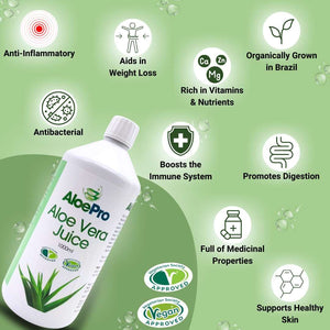 Manuka Honey Direct AloePro aloe vera juice 1000ml bottle with health benefits listed including anti-inflammatory and immune support