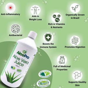 Manuka Honey Direct AloePro aloe vera juice 1000ml bottle with health benefits listed including anti-inflammatory and immune support