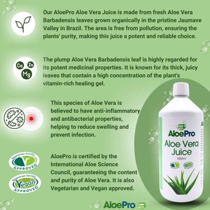 Manuka Honey Direct AloePro aloe vera juice 1000ml bottle with fresh aloe leaf and health benefit icons