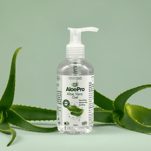 Manuka Honey Direct AloePro aloe vera gel for skin in clear pump bottle with aloe leaves