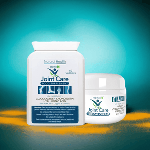 Moveit joint capsules and cream by Natural Health Ltd for joint care with glucosamine and hyaluronic acid