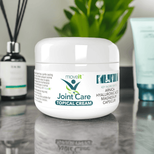 Moveit joint capsules and cream Joint Care topical cream jar on reflective surface with blurred background