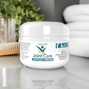 Moveit joint capsules and cream natural joint care topical cream jar with key ingredients on white surface