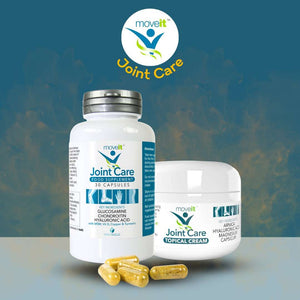 Moveit Joint Care Topical Cream 100ml jar alongside Joint Care capsules by Manuka Honey Direct