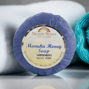 Nelsons Honey round wrapped manuka honey gardeners soap for hardworking hands with natural honey label