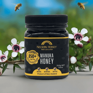 Nelson Manuka honey MGO 850+ 250g jar Nelson Honey New Zealand with manuka flowers and bees