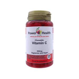 PowerHealth chewable vitamin C 500mg tablets bottle with 100 vegetarian vegan tablets for immune support