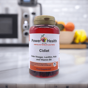 PowerHealth bottle of cidiet cider vinegar capsules supplement with lecithin kelp and vitamin B6 on kitchen counter