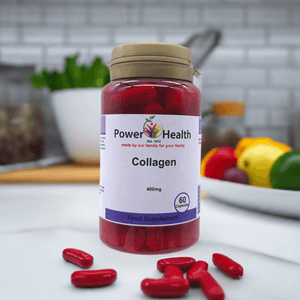 PowerHealth collagen supplement bottle with red capsules on kitchen counter showing 400mg label collagen capsules 400mg