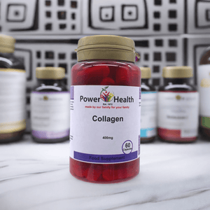 PowerHealth collagen capsules 400mg bottle showing 60 red capsules and front label with blurred supplements