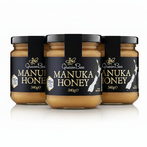 3 Jars of Queen Bee Manuka Honey on a white background