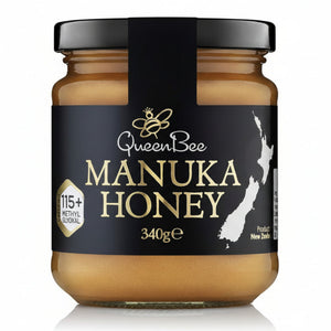 Queen Bee Manuka Honey 340g Glass Jar with black label and New Zealand map