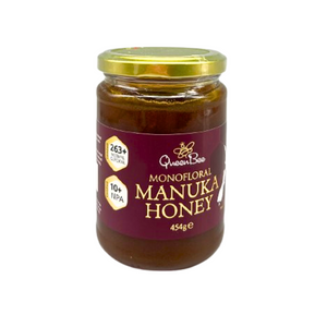 Queen Bee Manuka Honey MG 263 plus 454g jar with gold lid and dark honey inside