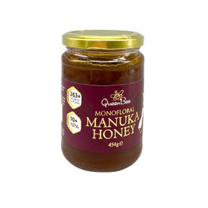 Queen Bee Manuka Honey MG 263 plus 454g jar with gold lid and dark honey inside