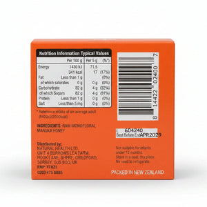 Wedderspoon Mānuka Honey Snap Packs ingredients panel — raw, natural honey, nothing added