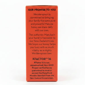 Wedderspoon KFactor promise — guaranteed Mānuka honey purity and quality, snap pack side panel