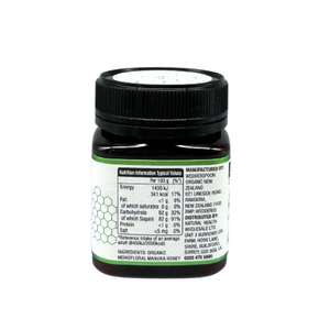 Wedderspoon Organic Raw Manuka Honey 400 MGO 250g jar showing nutrition and ingredient labels