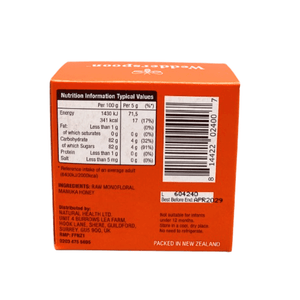 Wedderspoon Manuka honey snap packs orange box showing nutrition facts and barcode