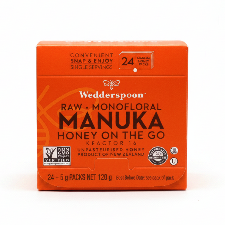 Wedderspoon Manuka honey snap packs box with 24 single serving raw monofloral honey packs