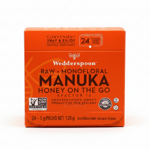Wedderspoon Manuka honey snap packs box with 24 single serving raw monofloral honey packs