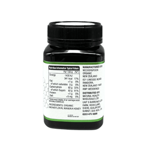 Wedderspoon Organic Raw Manuka Honey 400 MGO 500g bottle showing nutrition and manufacturing details