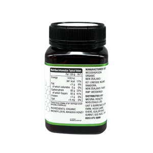 Wedderspoon Organic Raw Manuka Honey 400 MGO 500g bottle showing nutrition and manufacturing details