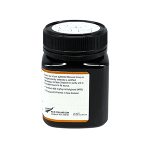 Wedderspoon Raw Manuka Honey 400 MGO 250g Unpasteurised in dark jar with black lid showing label