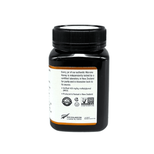 Back view of Wedderspoon Raw Manuka Honey 400 MGO 500g jar showing label and certifications