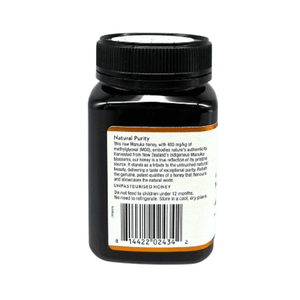 Wedderspoon Raw Manuka Honey 400 MGO 500g dark jar with detailed nutrition and authenticity label