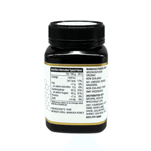 Back view of Wedderspoon Raw Manuka honey 850 MGO 500g jar showing nutrition facts and manufacturer label