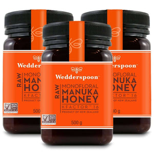 Wedderspoon Raw Manuka Honey KFactor 16 500g Triple Pack jars with orange labels and black lids