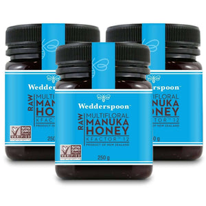 Wedderspoon Raw Manuka Honey Triple Pack with 250g jars of multifloral New Zealand honey