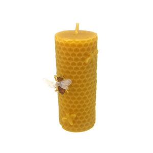 Bee Happy Small Honeycomb Pillar with Bees - Pure Beeswax Candle - Manuka Honey Direct - Bee Happy