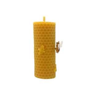Bee Happy Small Honeycomb Pillar with Bees - Pure Beeswax Candle - Manuka Honey Direct - Bee Happy