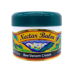 Nectar Balm jar with green lid and colourful label showing Bee Venom Cream by Nelsons Honey manuka honey bee venom cream