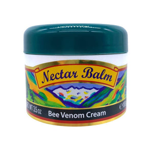Nectar Balm jar with green lid and colourful label showing Bee Venom Cream by Nelsons Honey manuka honey bee venom cream